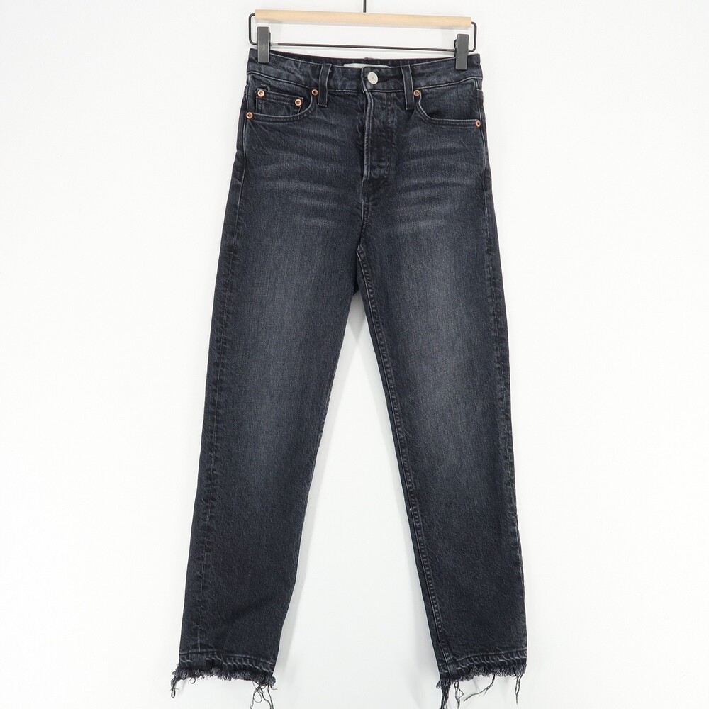 Trave Constance Jeans Womens 25 Black Straight Tapered High Rise Raw‎ Hem